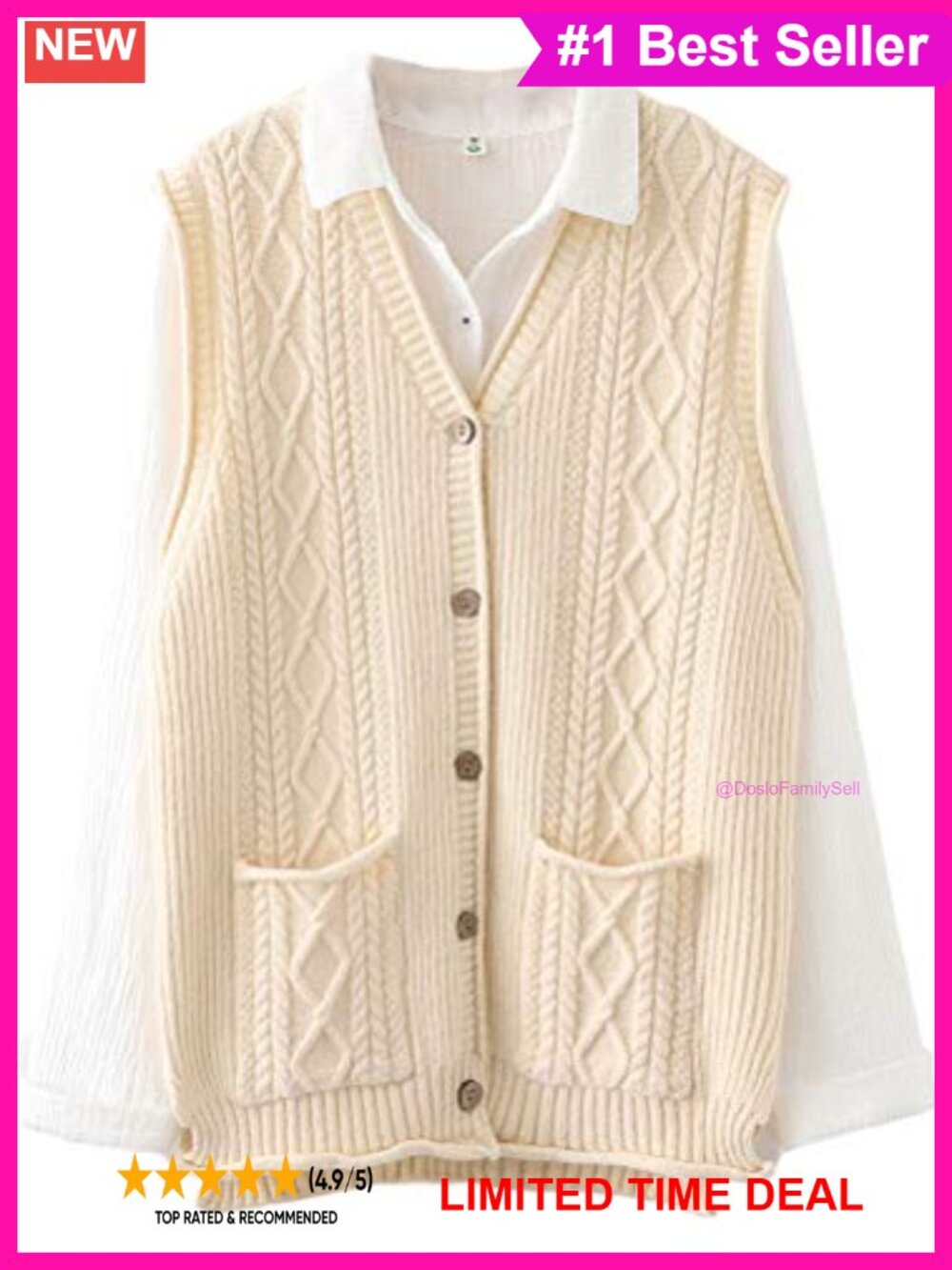Women's Cable Knit Button Down Sweater Vest Cardigan Sleeveless